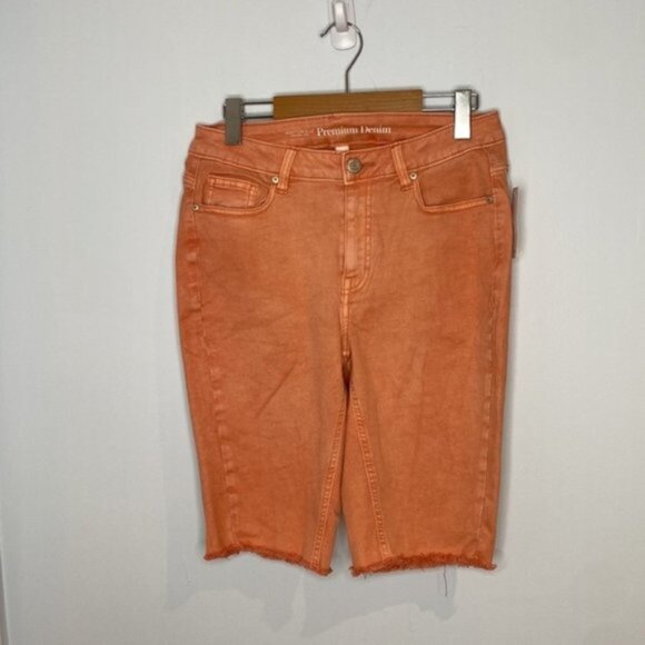 Addition Elle Women Salmon/Orange Vintage Wear Denim Biker Short size 10 - Picture 1 of 10